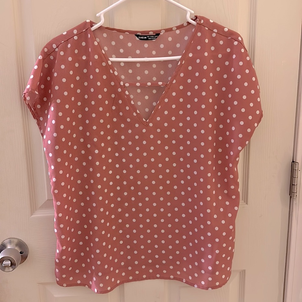 SHEIN blouse pink with white polka dots